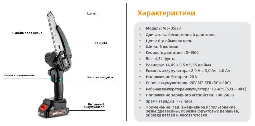 Аккумуляторная цепная пила Wosai 20V (WS-DSJ20-C1) - фотография № 17