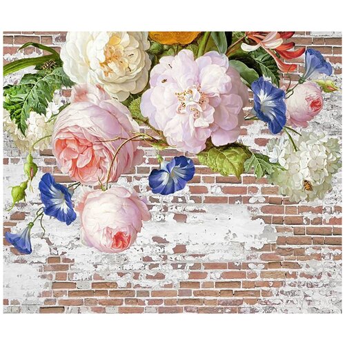 Фотообои Уютная стена Шедевральные цветы на кирпичной стене 320х270 см Бесшовные Премиум (единым полотном)