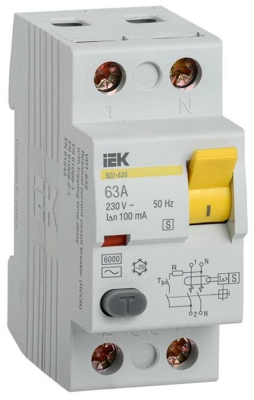Выключатель дифференциального тока (УЗО) 2п 63А 100мА тип ACS ВД1-63 IEK MDV12-2-063-100 (1 шт)