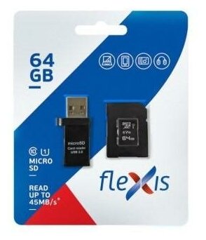 64Gb - Flexis Micro Secure Digital XC Cl10 U1 FX64GMSDXCU1 c адаптером и USB картридером (Оригинальная!)