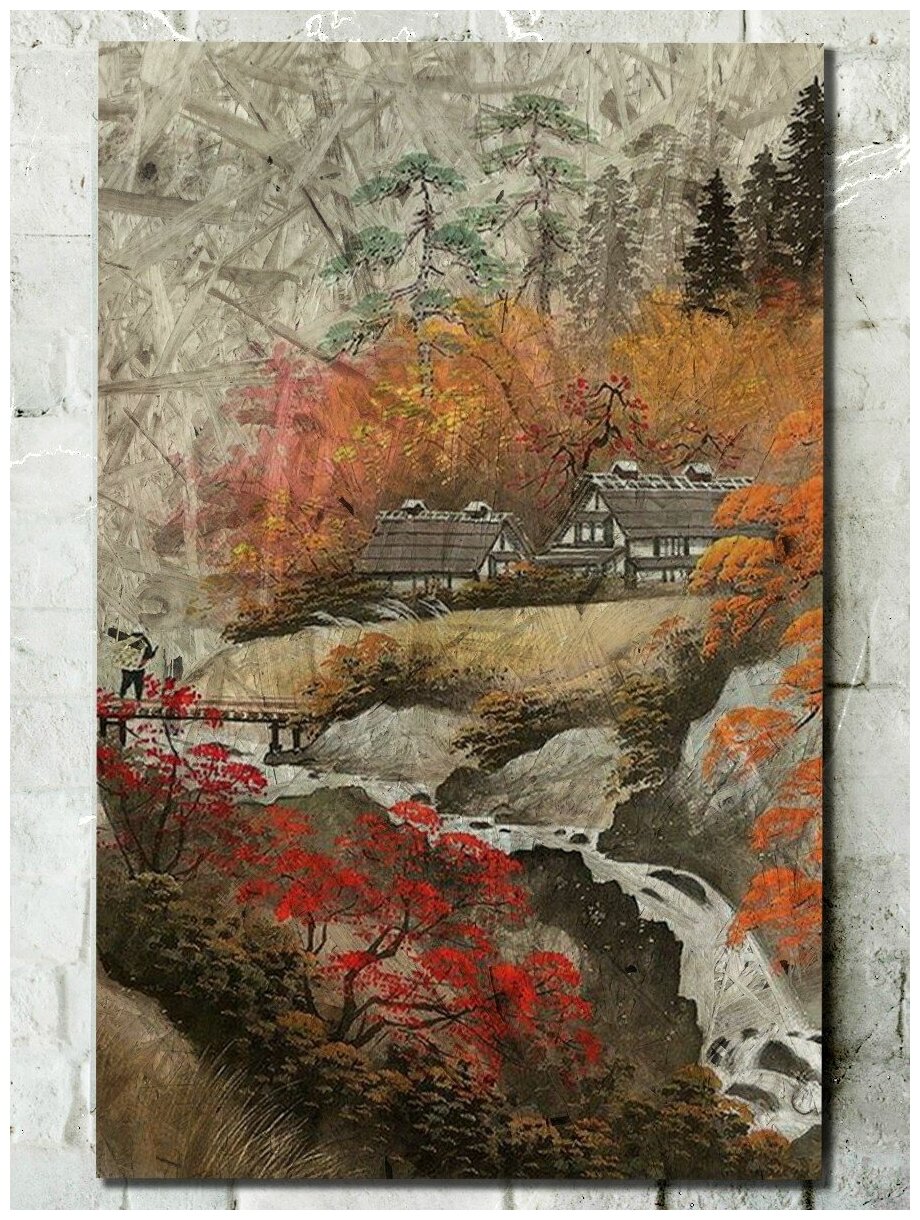 Картина интерьерная на рельефной доске китайская живопись (Го - хуа, горы и воды) - 916