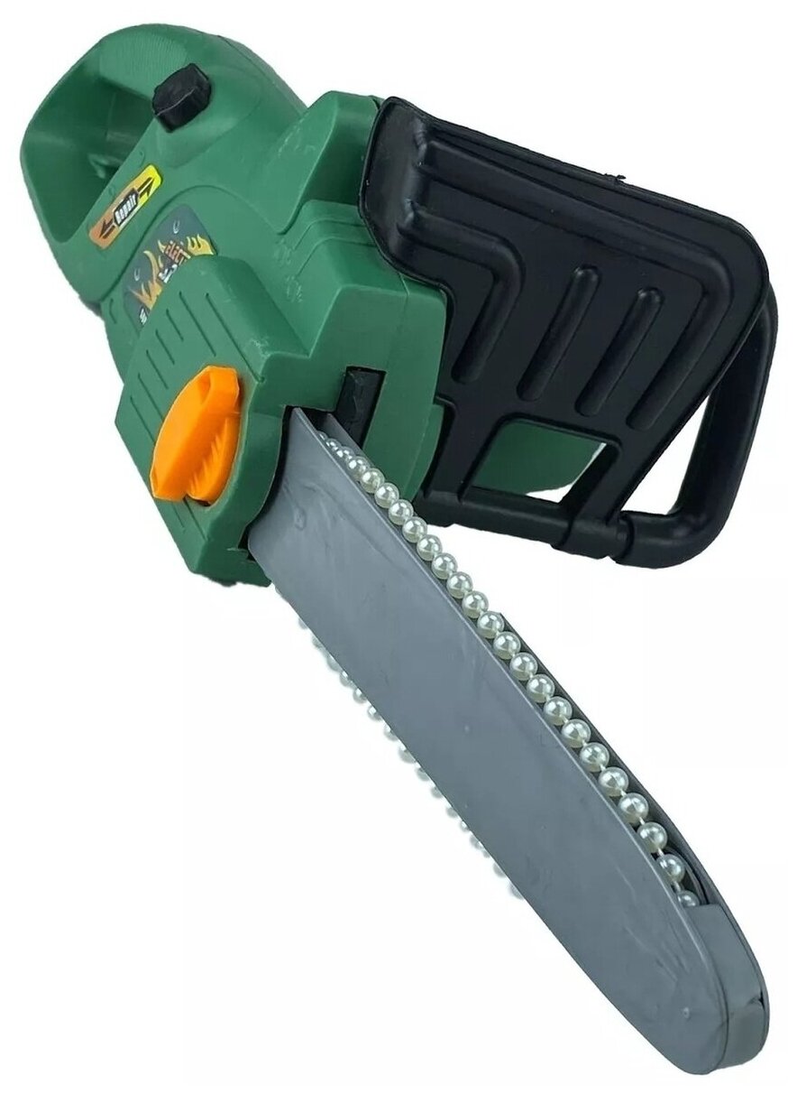 фото Бензопила 40 см детская игрушечная, на батарейках, вращается цепь, зеленая / Инструменты детские