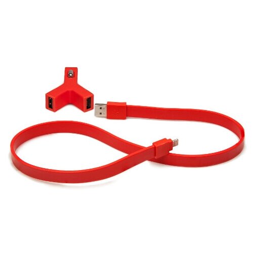 Автозарядка Tylt Y-charge 2 USB 2.1А с ленточным кабелем Tylt Syncable Lightning-USB красная