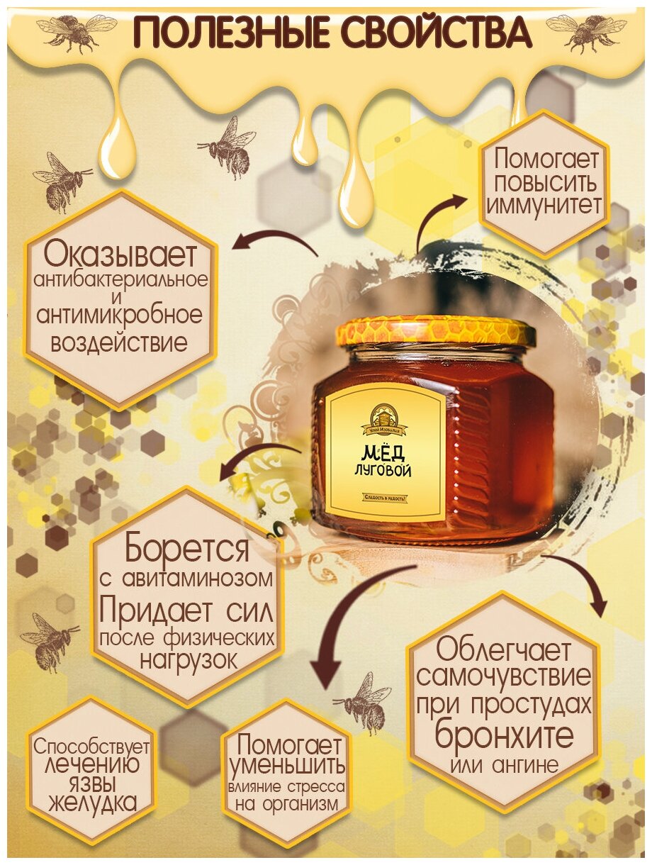 Мёд натуральный, луговой, разнотравье, сбор 2022 года, 550 гр - фотография № 3