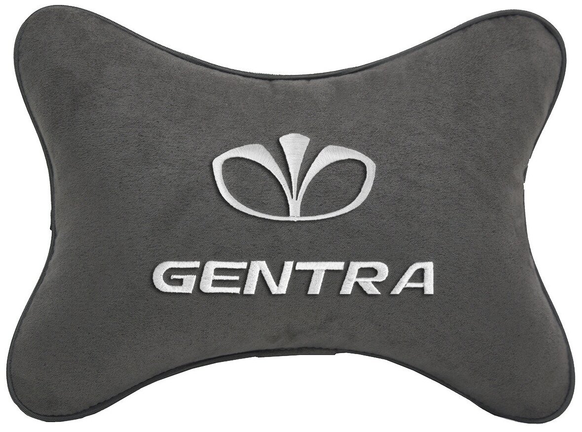 Автомобильная подушка на подголовник алькантара D.Grey с логотипом автомобиля DAEWOO Gentra