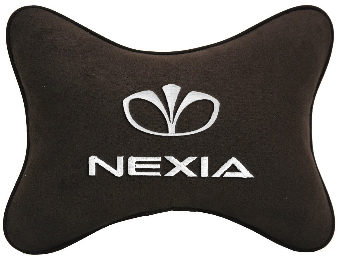 Автомобильная подушка на подголовник алькантара Coffee с логотипом автомобиля DAEWOO Nexia