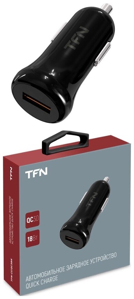 Автомобильное зарядное устройство USB QC3.0, 18W (black) TFN - фото №1