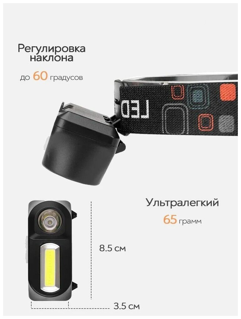 Лёгкий налобный фонарь c аккумулятором (можно менять) и зарядкой от USB