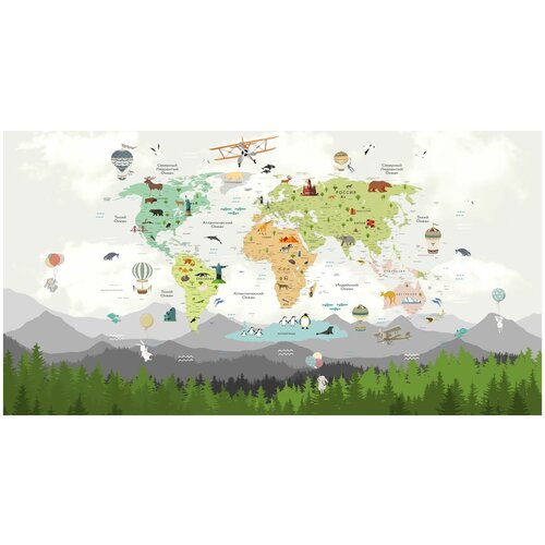 Фотообои Уютная стена Карта с животными на фоне силуэтов гор 510х270 см Виниловые Бесшовные (единым полотном)