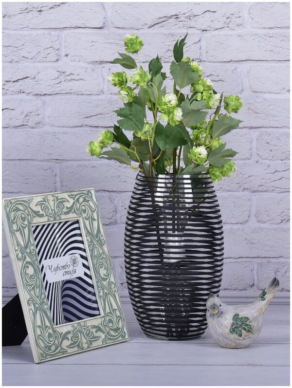 Интерьерная стеклянная ваза для цветов и сухоцветов, музыка ветра ваза, прозрачный с черным рисунком, овал 29см