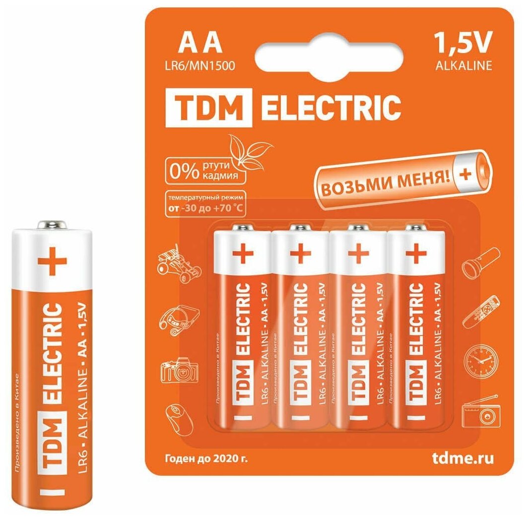 Батарейка LR6 AA Alkaline 1,5V BP-4 TDM {SQ1702-0003} (упак 4 шт)