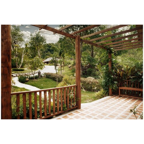 Фотообои Уютная стена Летняя терраса с видом на сад 410х270 см Виниловые Бесшовные (единым полотном)