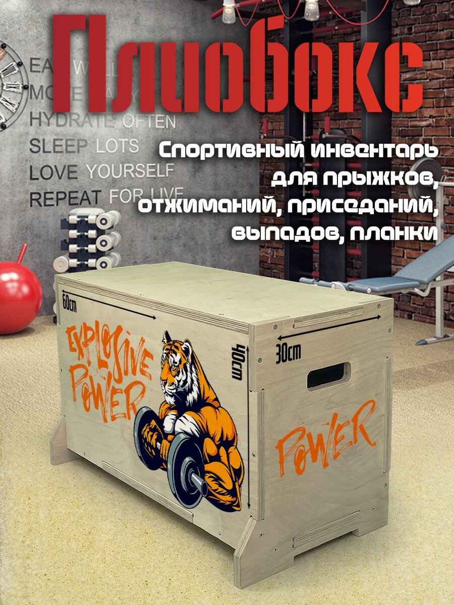 Плиобокс УФ / Тумба для запрыгиваний / Плиометрический бокс с принтом Тигр (спорт, гантели, мотивация, железо) - 100