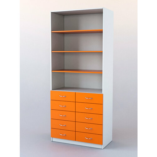Шкаф для аптек №6 с 10-ю ящиками задняя стенка ДВП, Белый + Оранжевый 90 x 45 x 210 см (ДхШхВ)