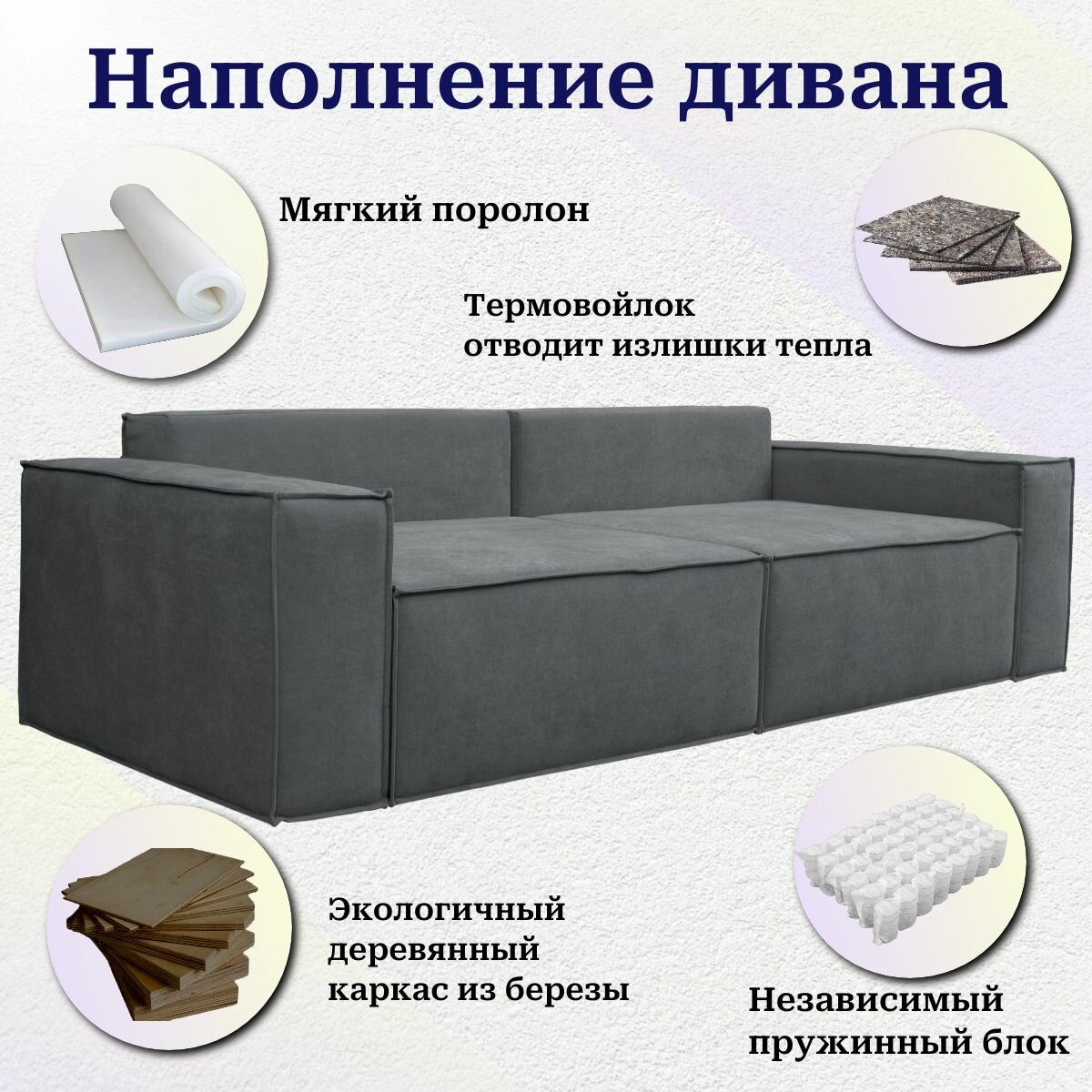 Диван-кровать модульный, прямой Лофт 2, механизм пантограф металл, тик-так, независимый пружинный блок, 220х105х86 см — фото 1
