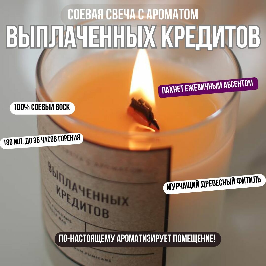 Ароматическая соевая свеча с ароматом выплаченных кредитов 180 мл LINUM FUMIGANS / ароматный подарок
