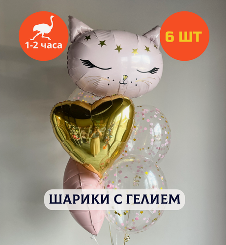 Изображение товара Шарики воздушные на день рождения, воздушные шары с гелием, шары с днем рождения, набор шаров для девочки "Котенок в букете шаров", "Купить Шары", 6 шт.