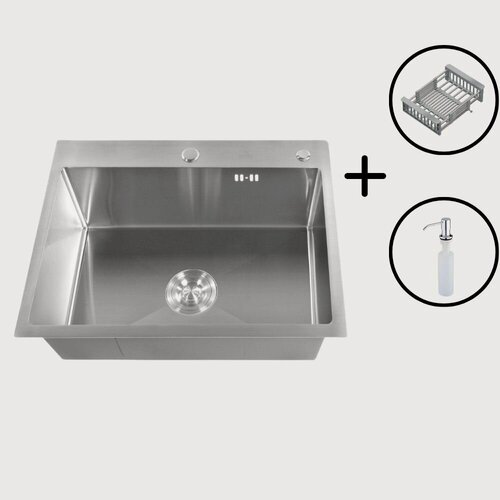 Изображение товара Мойка врезная Big House 60х45 см, толщина 3,0х0,8 мм, глубина 215 мм, сифон с переливом + коландер + дозатор