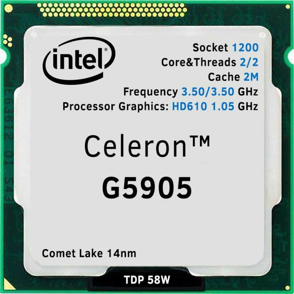 Процессор Intel Celeron G5905 3.4ГГц, 2-ядерный, 2МБ, LGA1200, OEM — фото 1