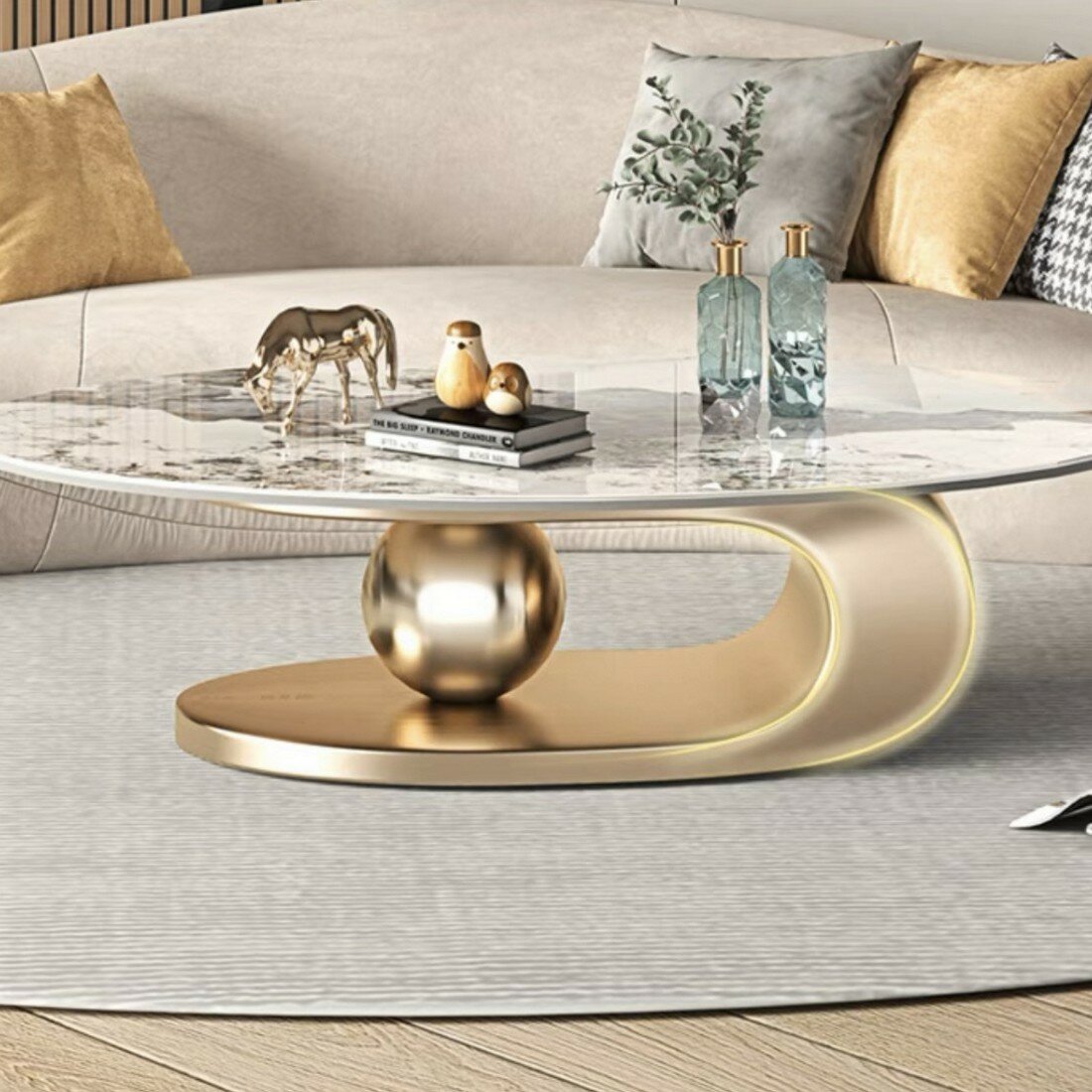 Журнальные столики Soleil из нержавеющей стали со столешницей из керамики (один журнальный столик / золотое основание / белая столешница / 130см)