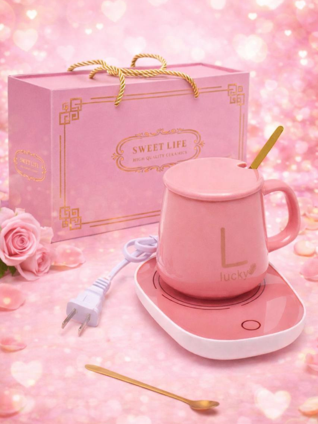 Кружка с подогревом "Giftmania", фарфор, белая, с ложкой и подставкой, 350 мл