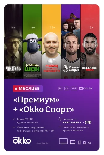 Оплата подписки Okko Премиум + Спорт на 6 месяцев электронный ключ