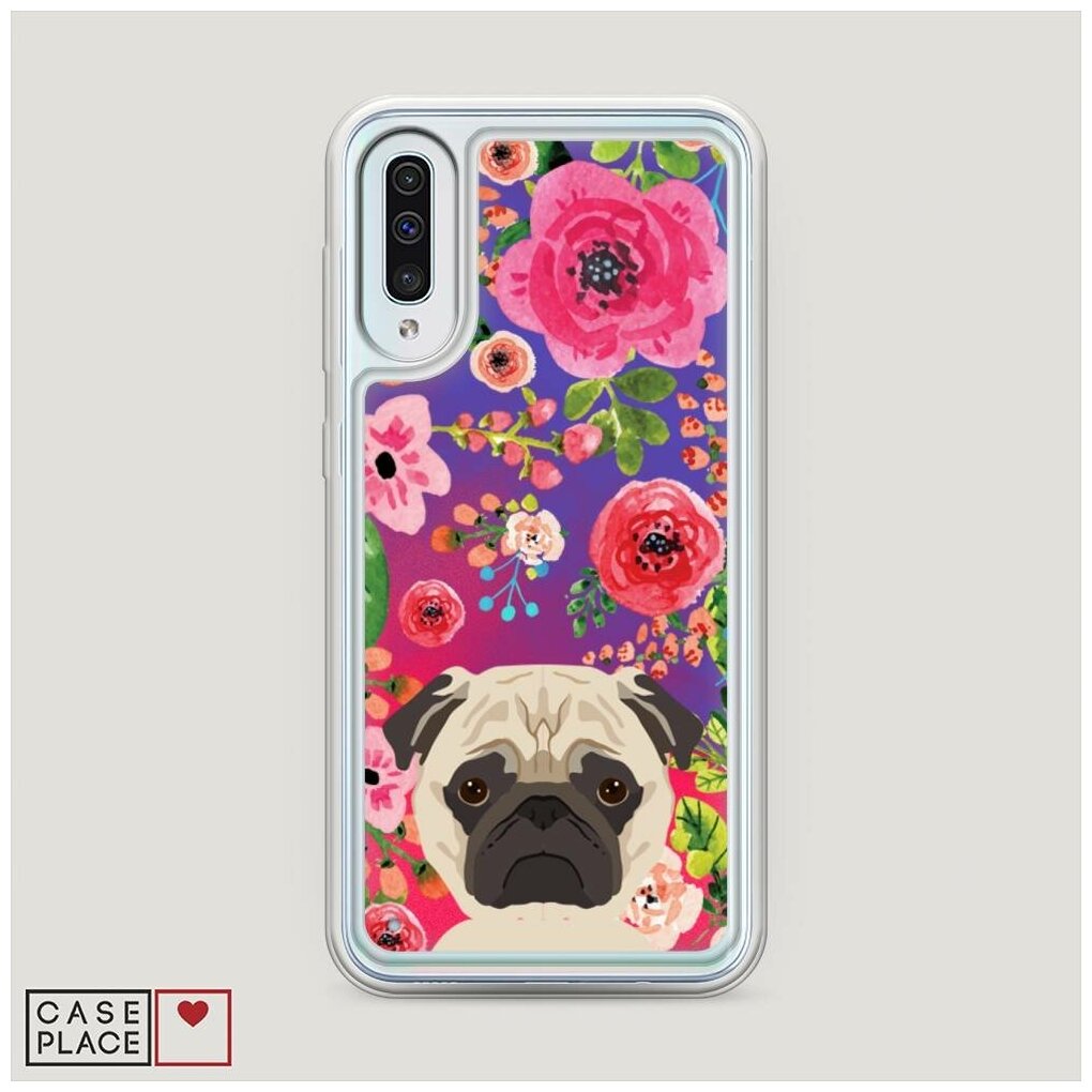Жидкий неоновый чехол "Мопс в цветах" на Samsung Galaxy A50 / Самсунг Галакси А50