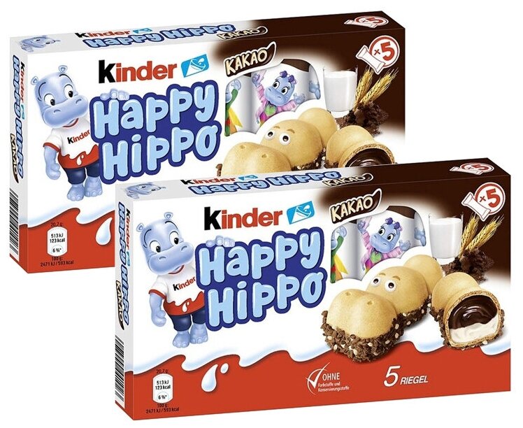 Шоколадно-молочное печенье Kinder Happy Hippo Cacao Киндер Хеппи Хиппо со вкусом какао (Германия), 104 г - 2 шт. - фотография № 1