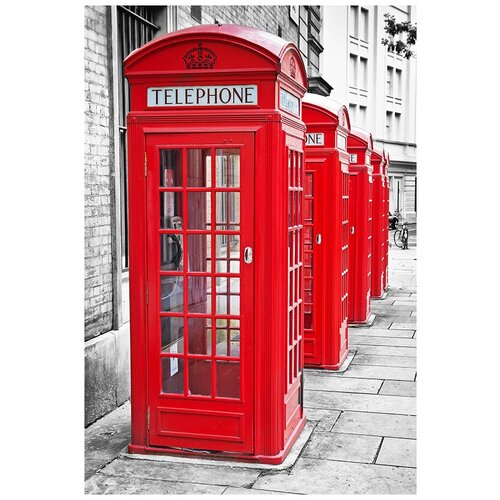 Фотообои Уютная стена Красные телефонные будки Лондона на черно-белой фотографии 180х270 см Виниловые Бесшовные (единым полотном)