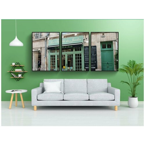 фото Набор модулных постеров для интерьера "зеленая дверь, французское кафе, уличные кафе" 60x90 см. в тубусе, без рамки lotsprints