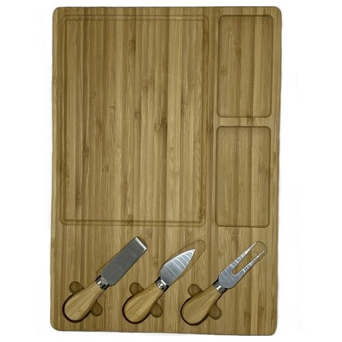 Доска для сервировки, набор, 3-х секционная, бамбук, 3 ножа для сыра 