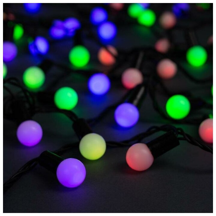 фото Гирлянда "Нить" 20 м с насадками "Шарики 1.5 см", IP44, темная нить, 200 LED, свечение мульти (RG/RB), мигание, 220 В