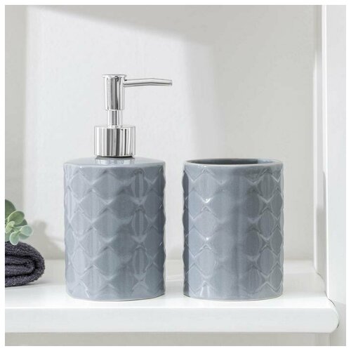 Набор аксессуаров для ванной комнаты «Ромбы», 2 предмета (дозатор для мыла, стакан), цвет серый