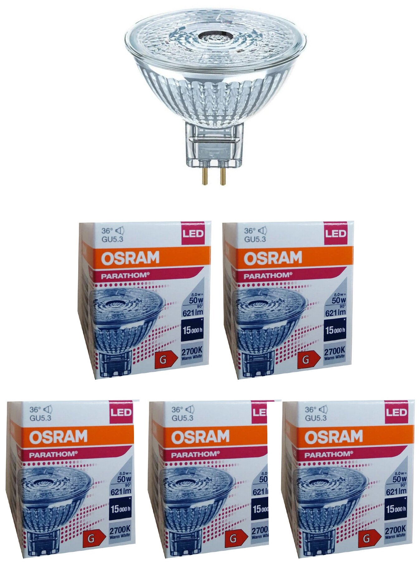 Лампочка светодиодная OSRAM Софит MR16 GU5.3 8Вт 12В 621Лм 2700К Теплый белый, упаковка 5шт