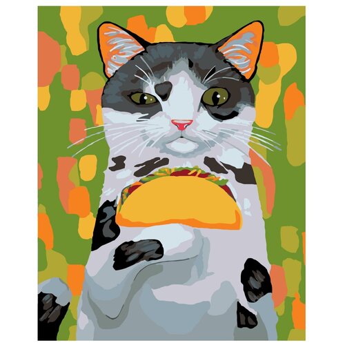 Картина по номерам, Живопись по номерам, 100 x 125, A293, кот, гамбургер, фастфуд, еда, удивление, эмоции, рисунок, иллюстрация