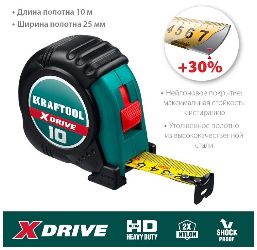 X-Drive 10м / 25мм рулетка с ударостойким обрезиненным корпусом KRAFTOOL 34122-10