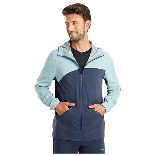 Ветровка Saucony Drizzle Jacket для бега, средней длины, силуэт прямой, светоотражающие элементы, карманы, несъемный капюшон, водонепроницаемая, ветрозащитная, размер S, голубой, синий