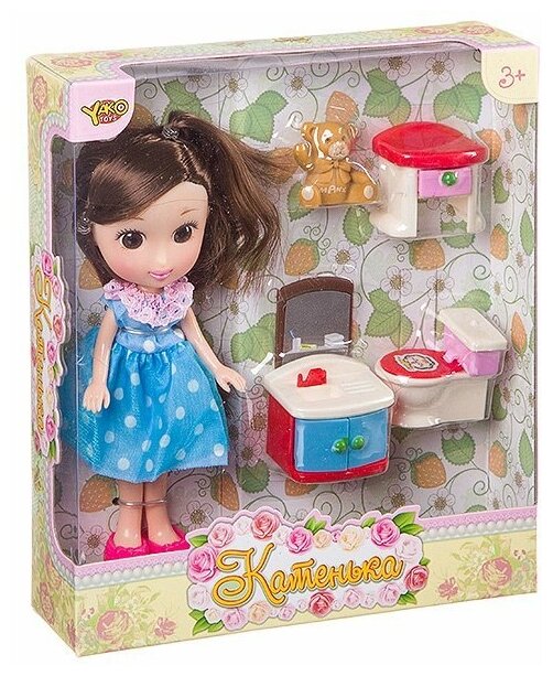 Кукла Катенька 16,5 см с набором мебели Ванная комната арт. M6609