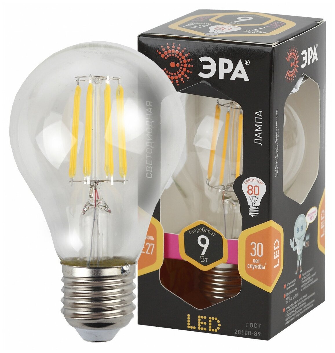 фото ЭРА F-LED A60-9W-827-E27 ЭРА (филамент, груша, 9Вт, тепл, Е27) (10/100/2000)