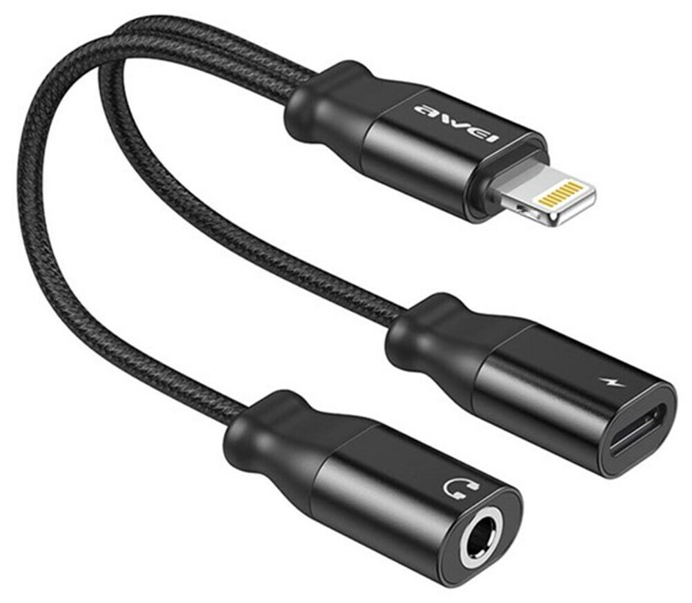 Переходник-адаптер Awei CL-73 для iPhone/iPad, Lightning(M) to 3.5mm AUX+iP Charging, Черный