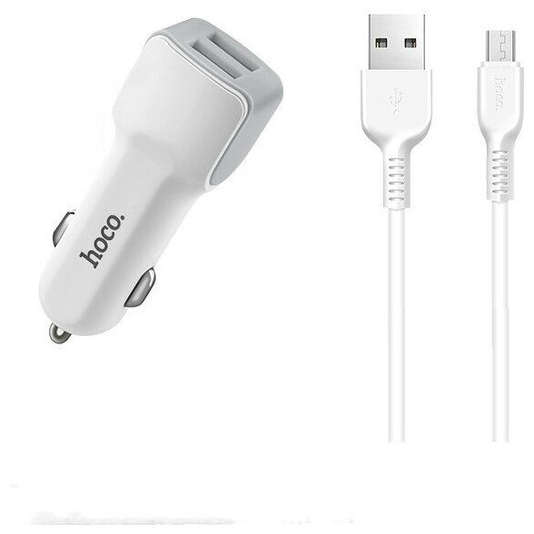 Автомобильное зарядное устройство HOCO Z23 2.4A/2USB + кабель Micro USB белый