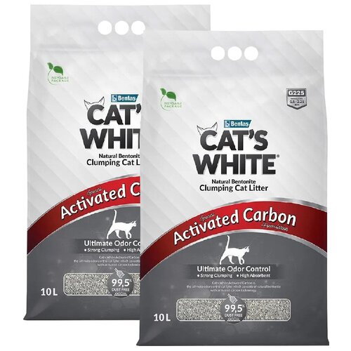 CAT'S WHITE ACTIVATED CARBON наполнитель комкующийся для туалета кошек с активированным углем (10 + 10 л) white sand less tracking наполнитель комкующийся для туалета кошек не оставляющий следов крупные гранулы 10 10 л