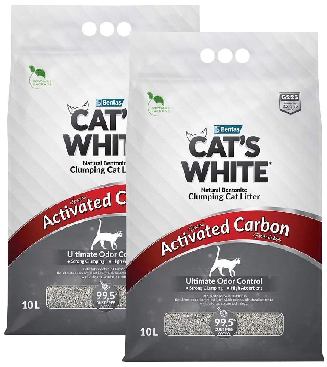 CAT'S WHITE ACTIVATED CARBON наполнитель комкующийся для туалета кошек с активированным углем (10 + 10 л)