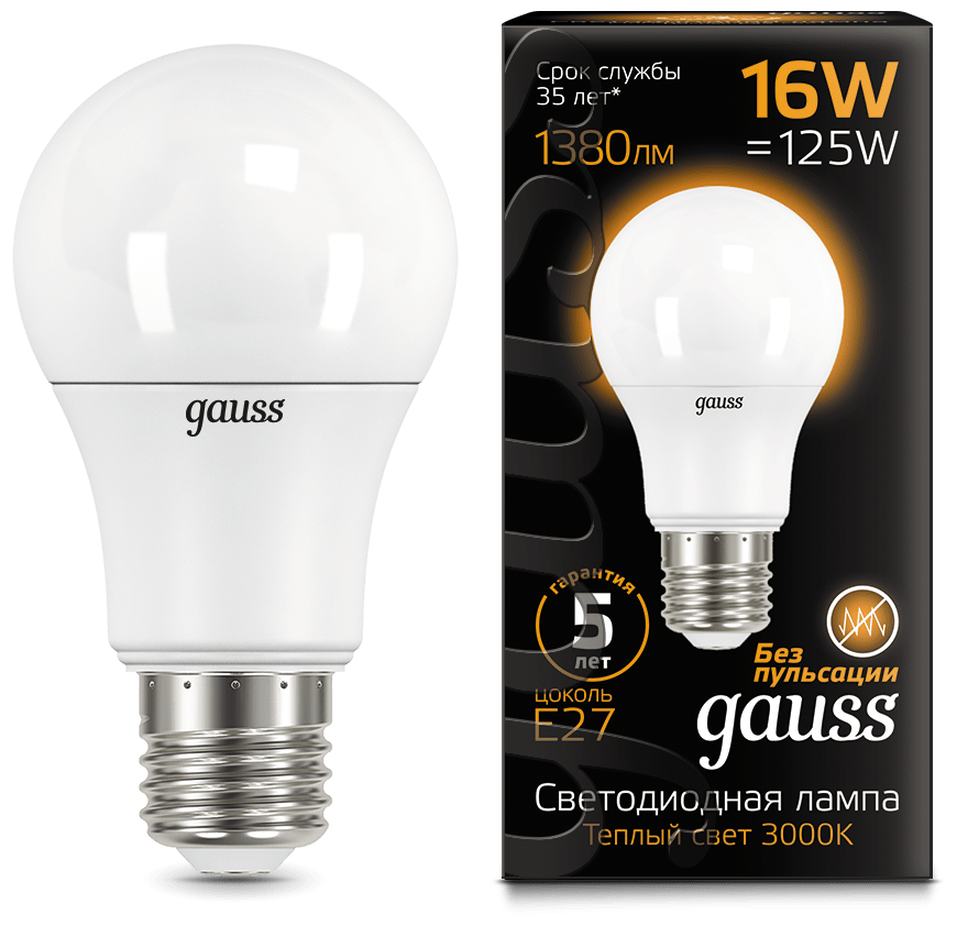 Лампа Gauss A60 16W 1380lm 3000K E27 LED