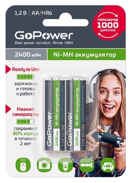 Аккумулятор предзаряженный RTU GoPower R6 / AA BL2 NI-MH 2400mAh