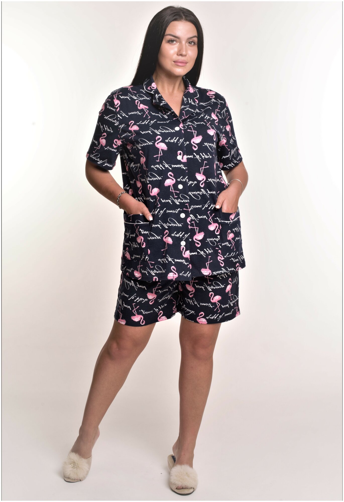 Пижама женская Modellini 1175/4 рубашка + шорты, фламинго, 52 - фотография № 2