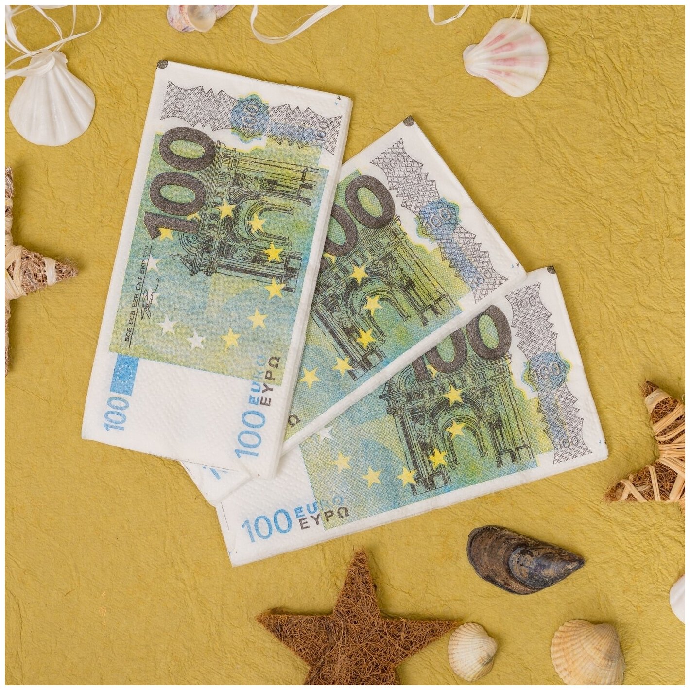 Бумажные салфетки в виде денег "100 евро" с рисунком купюр в зеленых и желтых тонах, для пикника, праздника и свадьбы, 3 пачки - фотография № 1
