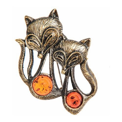 Брошь Лисички Хитрые (латунь, янтарь) AM-2530 113-708970