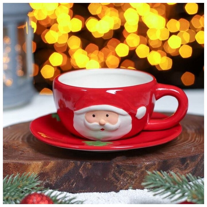 Чайная пара керамическая Доляна «Дедушка Мороз» 2 предмета: чашка 225 мл блюдце цвет красный