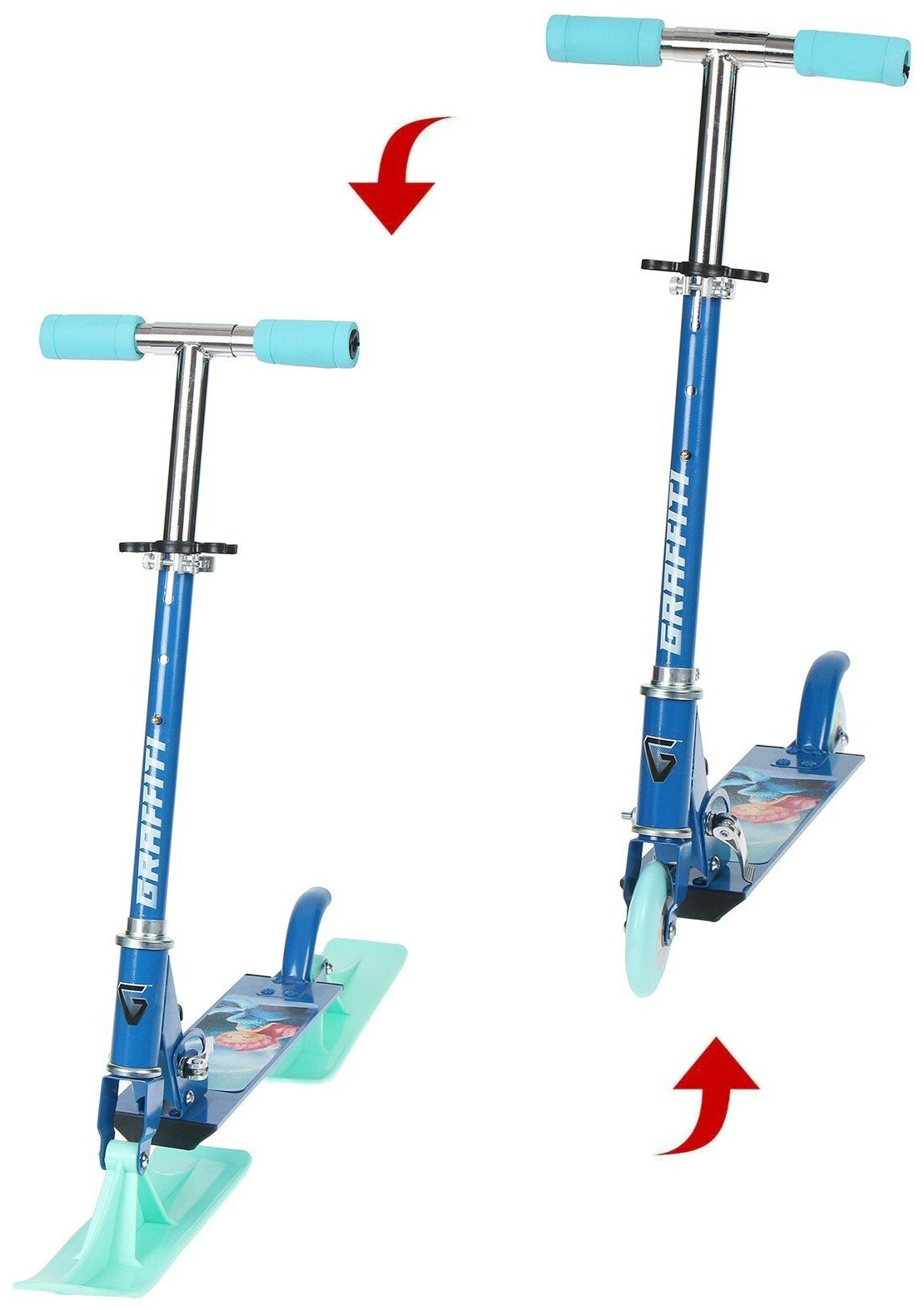 Самокат-снегокат GRAFFITI «Русалка», зимний, 2 в 1, мaксимальная нагрузка 25 кг, высота руля 67 - 76 см, цвет бирюзовый, синий